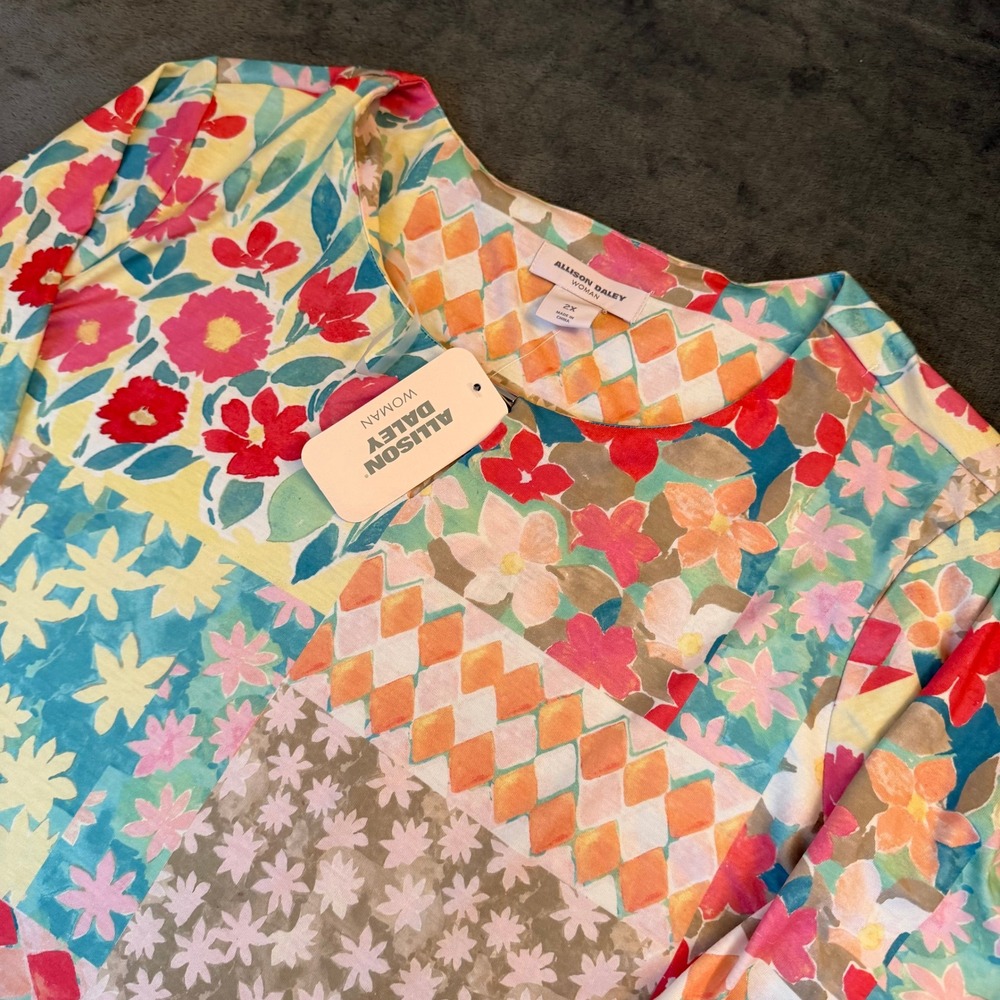 Allison Daley Woman Tunic Shirt Womens 2X Multicolor Floral Patchwork Sharkbite